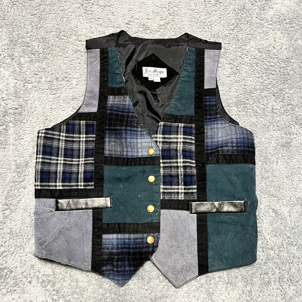 Jeri Marque Vintage Patchwork Plaid Vest Leather Multicolor Women Medium Western